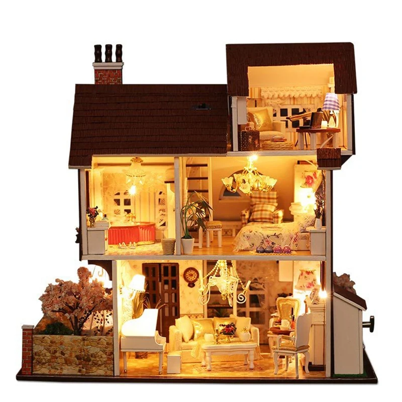 Iiecreate جديد بيت الدمية دمية صغيرة صناعة يدوية مع اثاث خشبية منزل اللعب مع الأثاث Led أضواء للأطفال بيرت