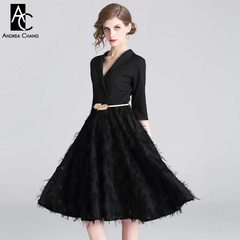 

S-XXL spring summer woman dress leaf pattern waist belt knee length black dress v-neck 3/4 sleeve fluffy bottom office dress