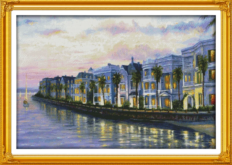 

Night at the seaside villas counted printed on fabric DMC 14CT 11CT Cross Stitch kitsembroidery needlework Sets Home Decor