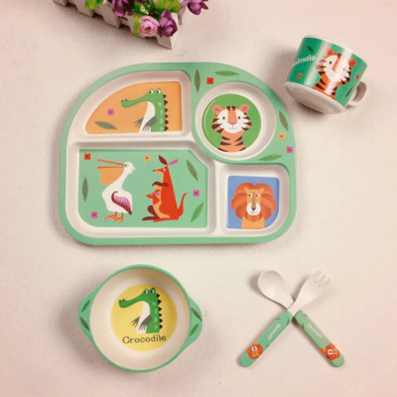 Baby Bamboo Fiber Tableware 5 PcsSet Children Dinner Cartoon Plate Bowl Fork Spoon Cup Feeding Set Supplier Food Dishes BB5090 (6)