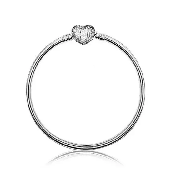 

925 Sterling Silver Pave Love Heart With Crystal Clasp Pandora Bangle Bracelet Fit Women Bead Charm Bangle Jewelry