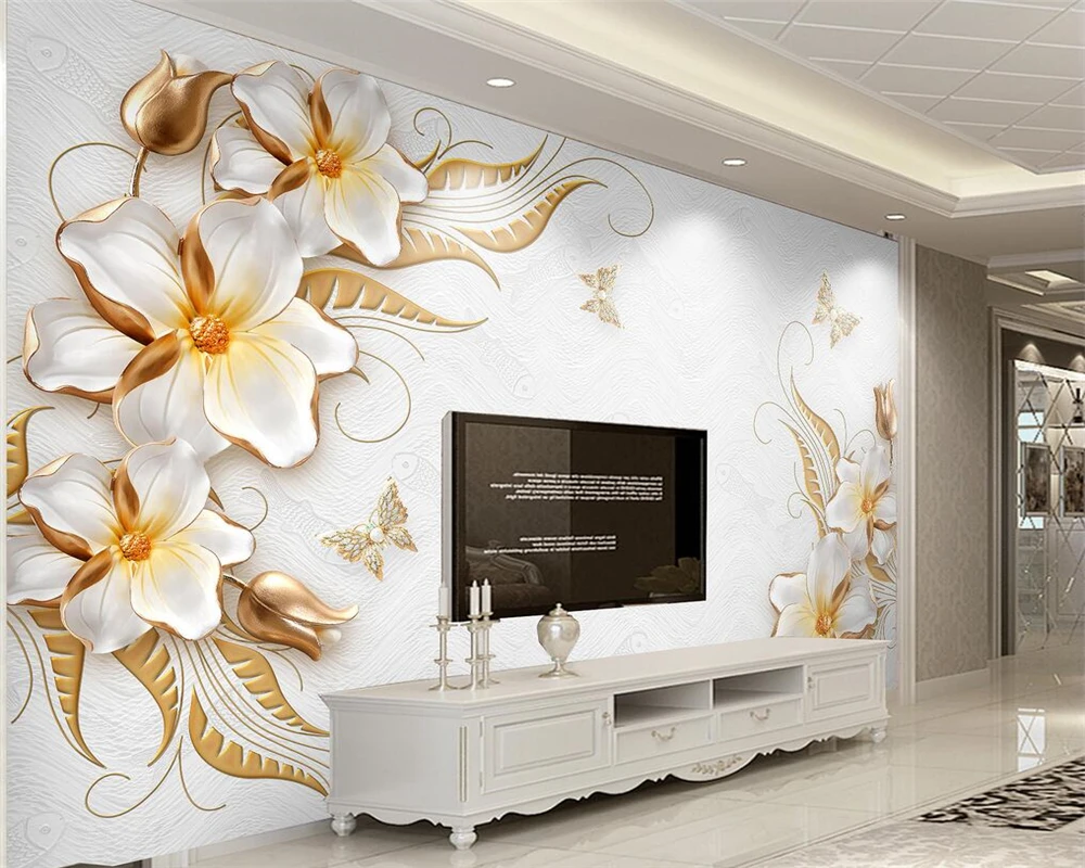 Beibehang modern dekorasi rumah 3d wallpaper emas high end relief bunga perhiasan 3d ruang tamu kamar tidur latar belakang wallpaper di wallpaper dari