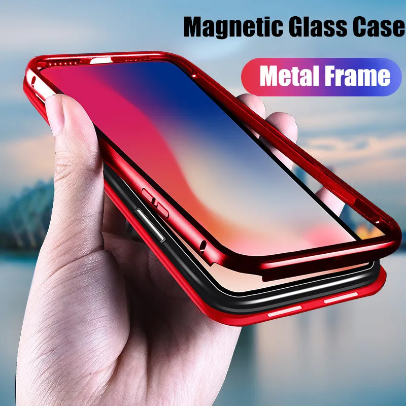 

Tempered Glass Back Cover Case for iPhone X 7 8 Metal Magnet Frame Shell Magnetic Glass Phone Case for iPhone 7Plus 8Plus