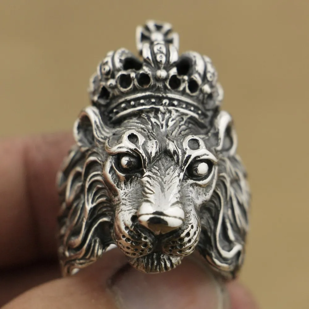 cheap LINSION Handmade 925 Sterling Silver Crown Lion King Mens Biker Rock Punk Ring TA75 US Size 7~15