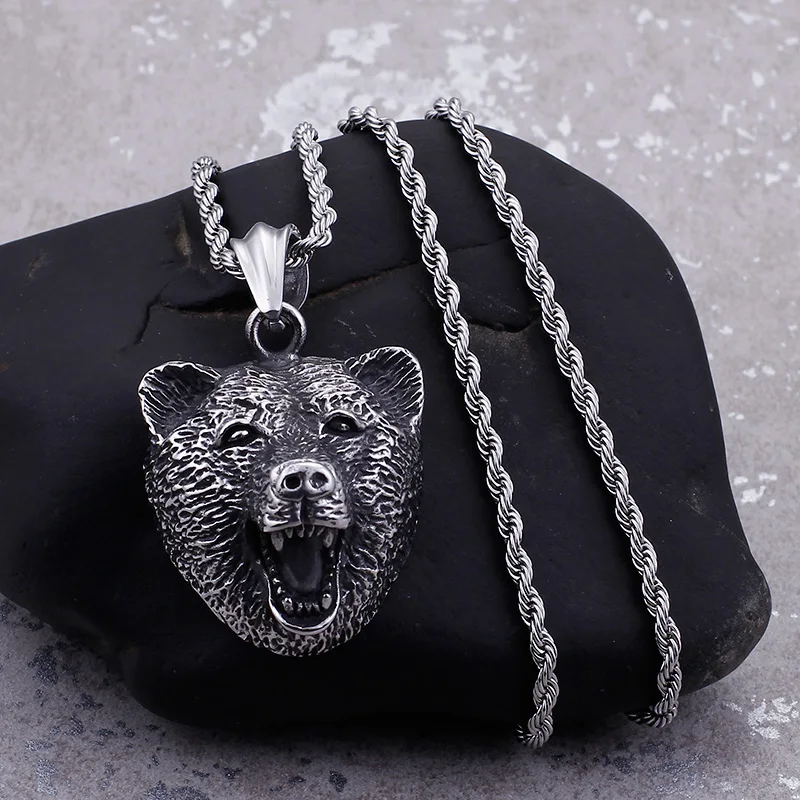 Мужская цепочка с подвеской в форме медведя из нержавеющей стали|long chain necklace|long