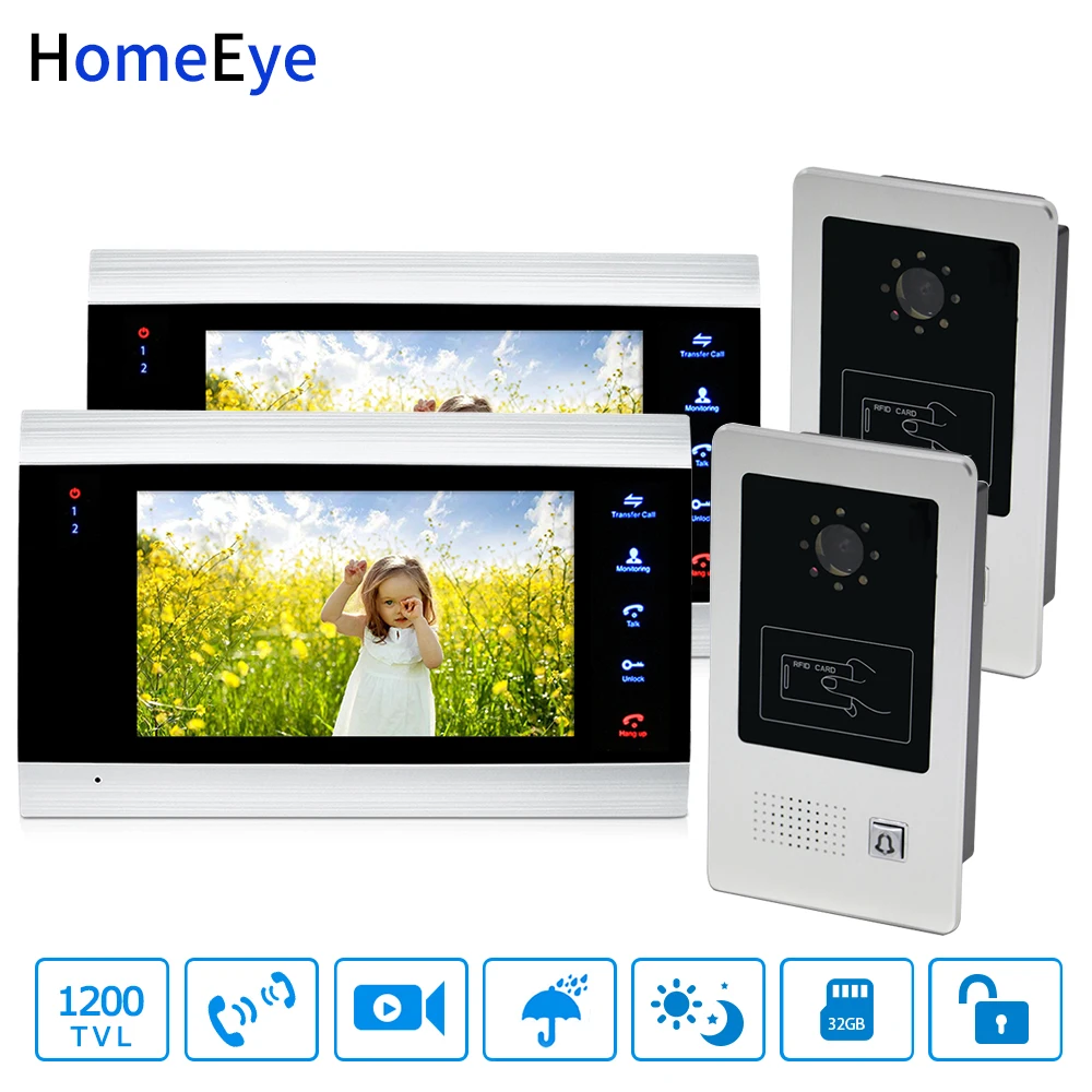 HomeEye 7'' Video Door Phone Video Door Bell Home Access Control System 2-2 1200TVL Rainproof RFID Voice Message Night Vision HomeEye 7'' Video Door Phone Video Door Bell Home Access Control System 2-2 1200TVL Rainproof RFID Voice Message Night Vision