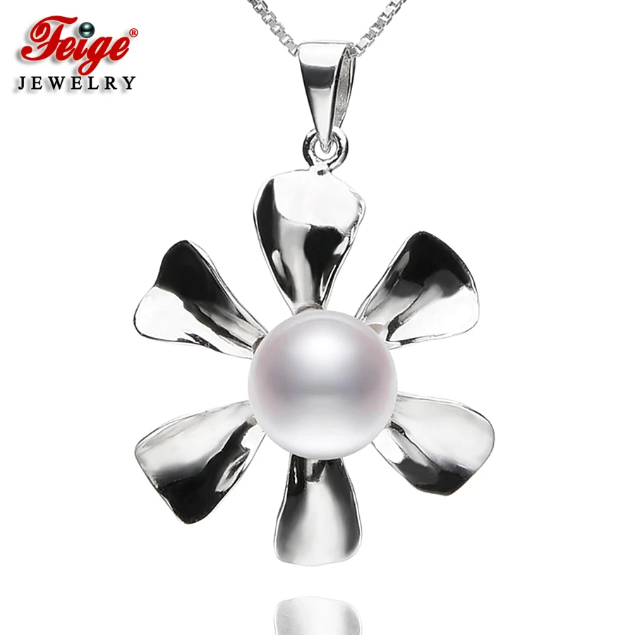 

New arrival Flower-shaped Pearl Pendant Necklaces 8-9mm White Freshwater Pearls 100% Real 925 Silver Women's Pearl Fine Jewelry