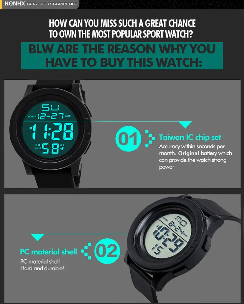 HONHX мужские повседневные спортивные кварцевые часы светодиодный водонепроницаемый цифровой кварцевые часы модные часы военные часы Relogio