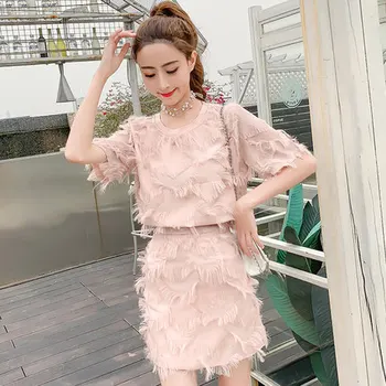 

New Arrival 2019 Women XL Set Summer Women Pink Dress Sets feathers Shirt Sets 2019 Summer Beach Dress Regular Size