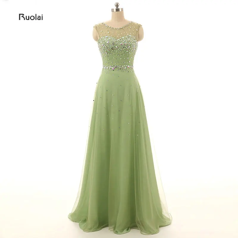

Real Sample Pictures Green Tulle A Line Beading Crystal Floor Length Formal Long Evening Dresses For Wedding Party