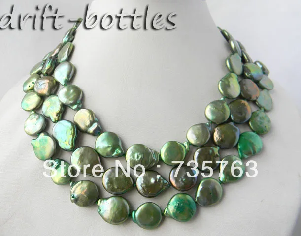 

HOT 00383 A 3Strands 15mm Green Coin Freshwater Pearl Necklace