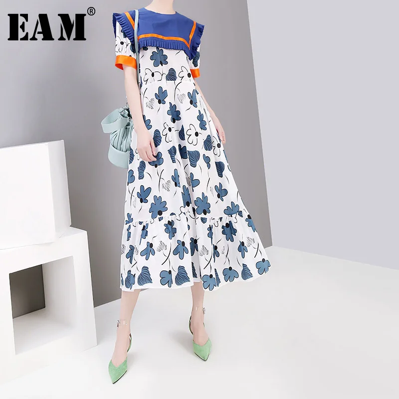 

[EAM] 2019 New Spring Summer Sailor Neck Short Sleeve Print Pattern Spliced Pleated Temperament Dress Women Fashion Tide JY364