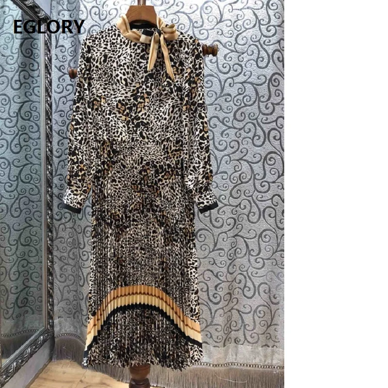 

Top Quality New Chic Party Women's Dress 2019 Fashion Ladies Bow Collar Sexy Wild Leopard Print Long Sleeve Midi Pleated Dress