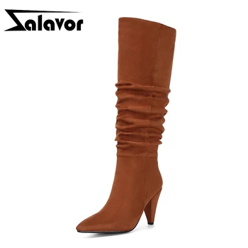 

ZALAVOR Knee High Stretch Boots For Women Sexy Pointed Toe High Heeled Winter Keep Warm Fur Shoes Women Footwear Size 34-43