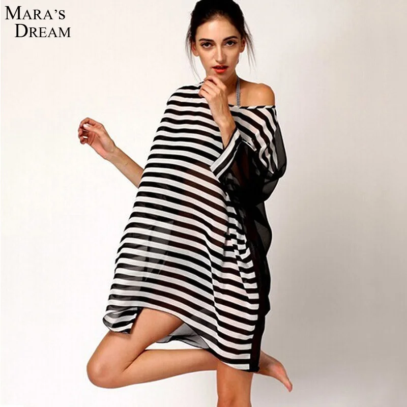 

Summer Dress Women Oversized Black White Stripes Beach Cover Up Smock Swimsuit Wrap Chiffon Beach Wear Bathing Suit Cover Ups