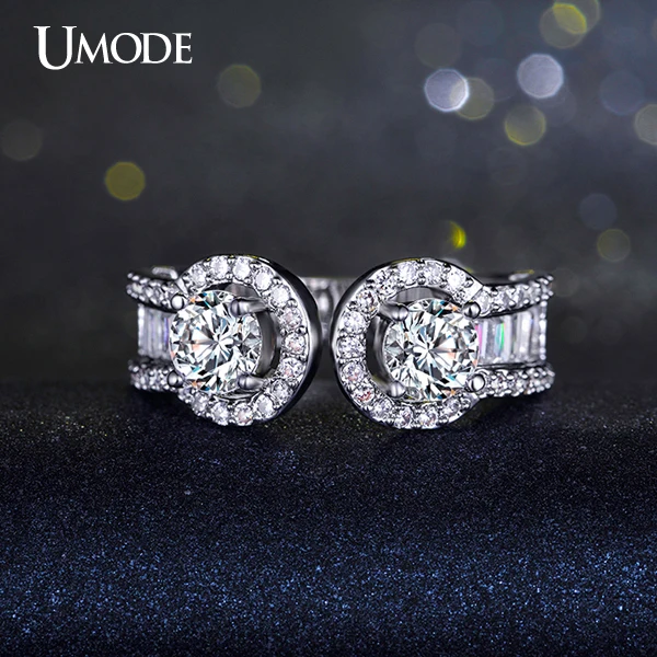 

UMODE Two 0.65ct CZ Zircon Stone Open Ended Ring Micro Round and Rectangle CZ Pave White Gold Color Jewelry For Women UR0199B