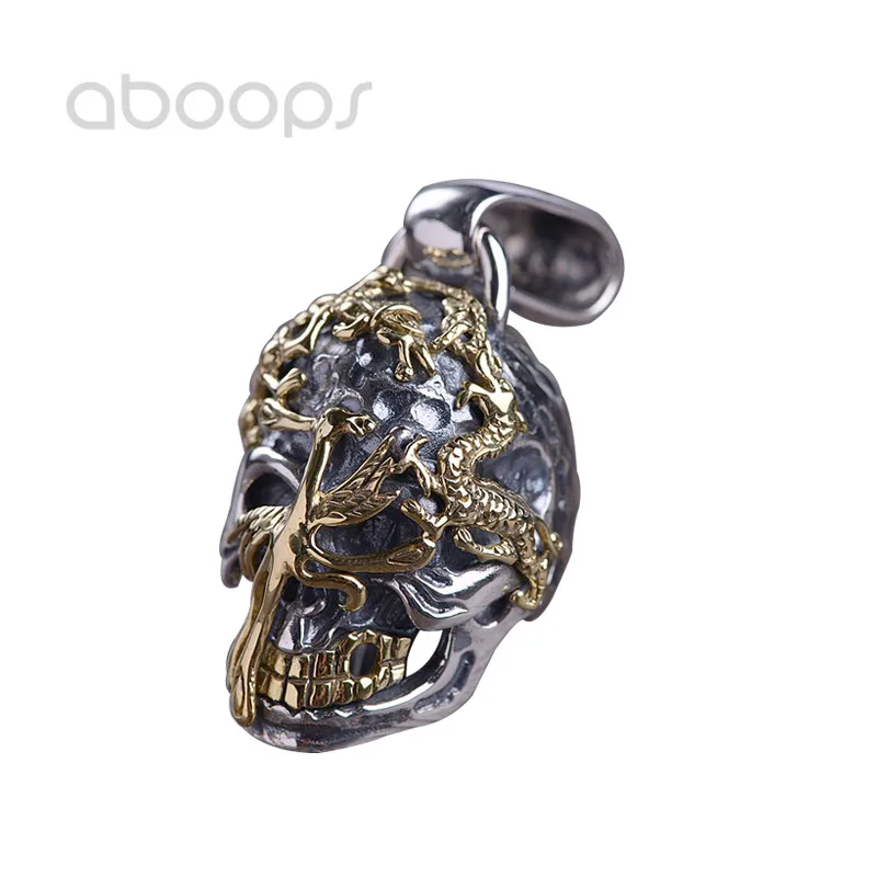 

Gothic 925 Sterling Silver Skull Pendant with Gold Tiger & Dragon & Tortoise & Vermilion Bird for Men Boys,Free Shipping