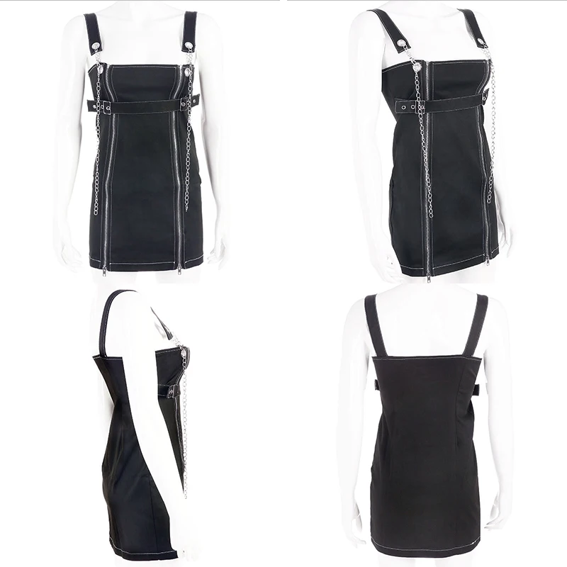 Rockmore Черное мини-платье на молнии с разрезом и ремешками, женское Повседневное платье в стиле панк с пряжкой и ремнем, мода лето