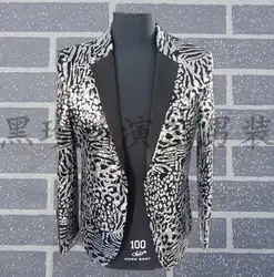 Серебряные мужские леопардовая расцветка костюмы конструкции Сценические костюмы для певцов мужчины блесток Блейзер Танцы одежда куртка