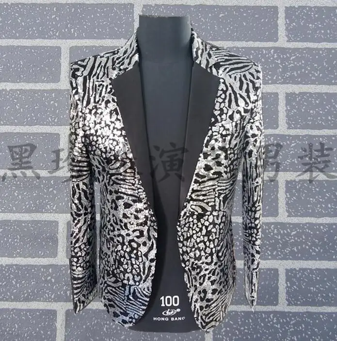 Zilver mannen luipaardprint suits ontwerpen podium kostuums voor zangers mannen sequin blazer dans kleding jas ster stijl jurk punk