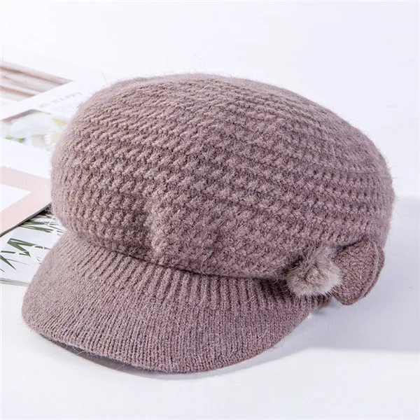 USPOP New winter caps women knit octagonal hat thick warm velvet lining knit hats solid color newsboy caps berets mom caps - Цвет: Хаки