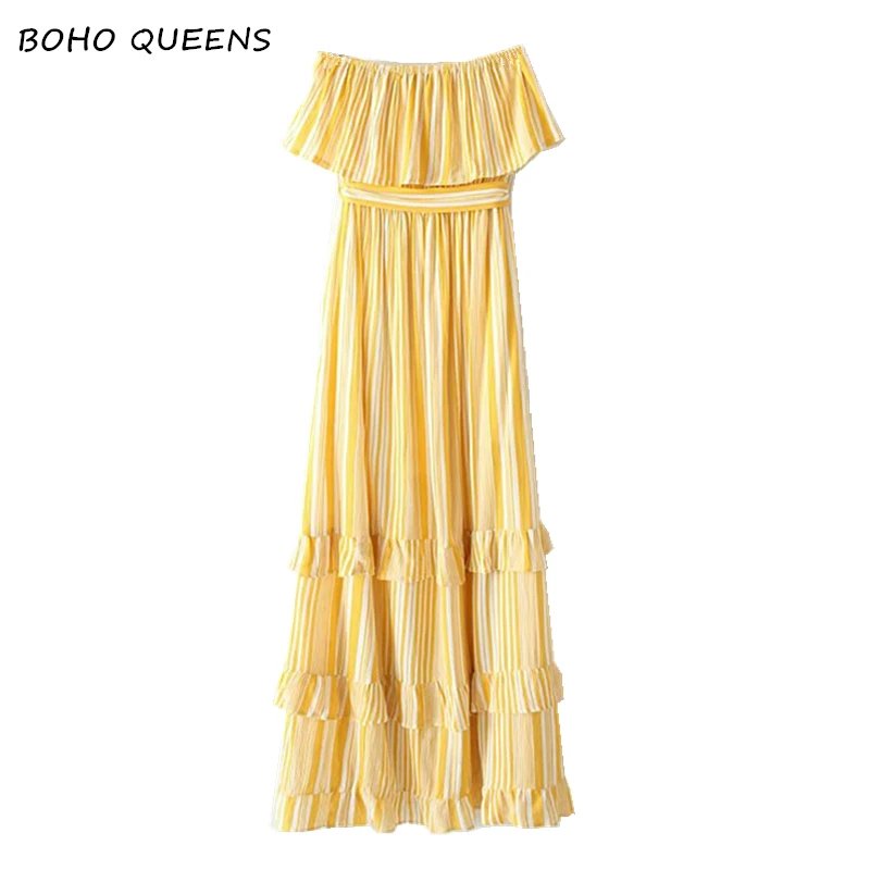 

Boho Chic Woman yellow striped off shoulder Bohemian Dress Ladies ruffles rayon elegant vintage Maxi dress Vestidos