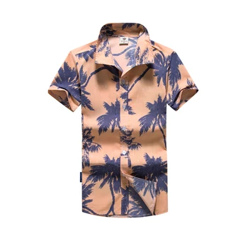 

2019 Summer Men's Beach Shirt Coconut Trees Print Short Sleeve Shirt Polyester Casual Beach Shirt Hawaii Vocation Men Clothing