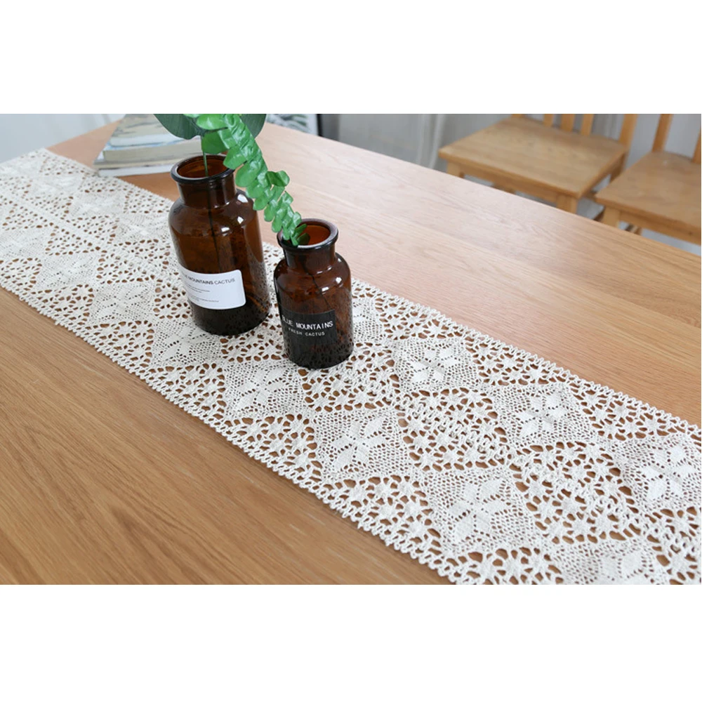 Beige Vintage Floral Lace Table Runner Tasseled Edges Cotton Crocheted Table Cloth Cover Hollow-out Dining Tabletop Decoration