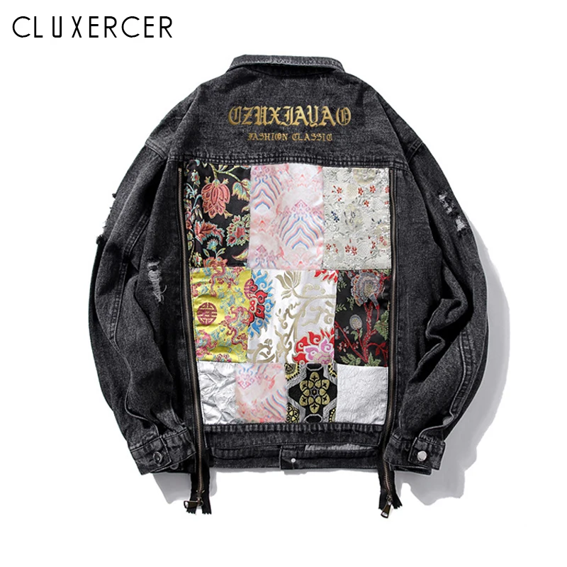 

Streetwear Style Vintage Denim Jacket Women Back Embroidery Double Zipper Jean Coat Female Tearing Hole Lapel Denim Jackets