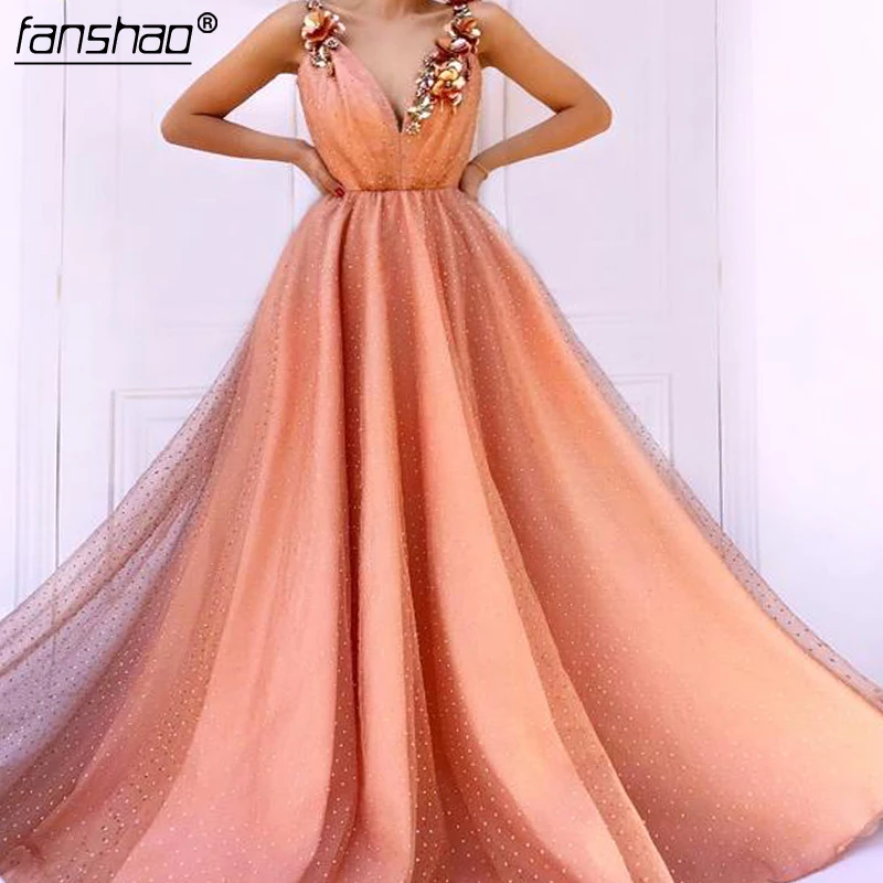 

Orange Muslim Evening Dresses v-neck Tulle Lace Crystals Islamic Dubai Saudi Arabic Long Elegant Evening Gown Long Prom Dress