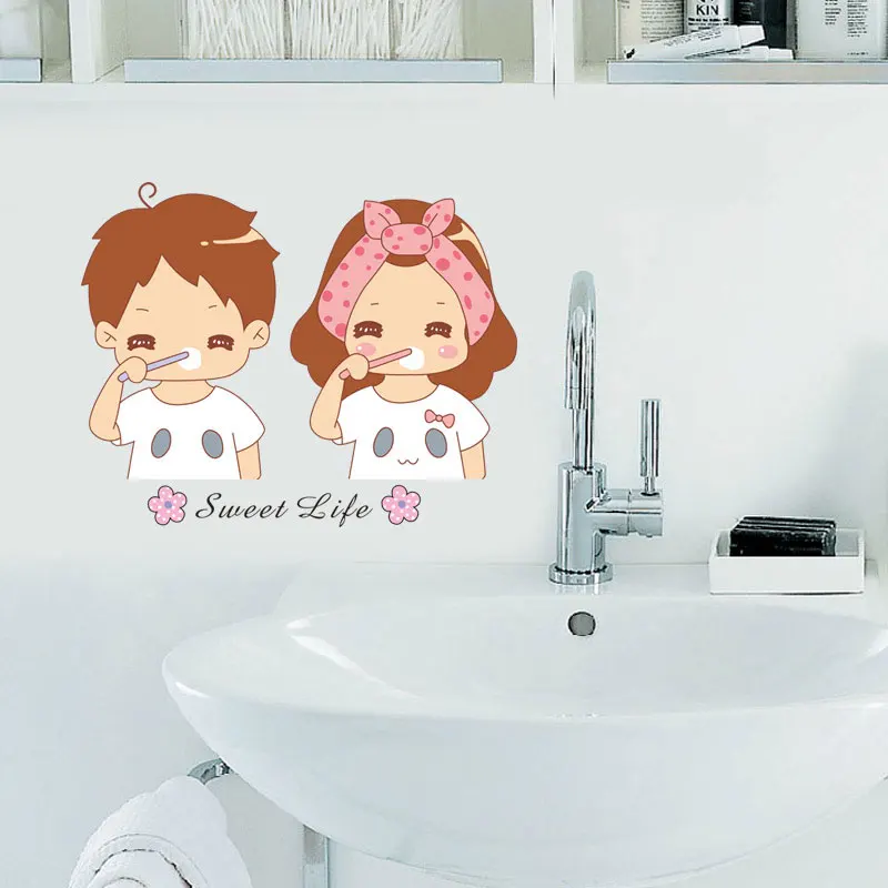 Kawaii Couples brush teeth decoration wall stickers Marriage room Removable PVC Wall Stickers Paper bathroom | Дом и сад