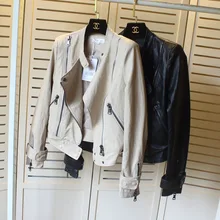 Кожаная куртка на молнии Женская Мандарин воротник Женская Осенняя Новая Европа длинный рукав искусственная Пу локомотив пальто
