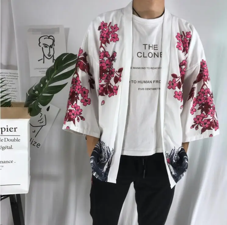 Летнее модное пальто японское кимоно с рукавом три четверти кардиган-кимоно Женская Мужская свободная тонкая верхняя одежда
