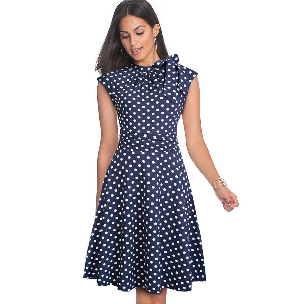 

Women Elegant Summer Dot Sleeveless Casual Wear To Work Office Dress Vintage Bow Party A-Line Swing Dress EA145