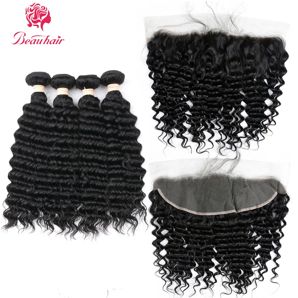 Beauhair Peruvian Deep Wave 4 Bundles With closure Human Hair Bundles With Closure Non-Remy Lace Frontal Closure With Bundles