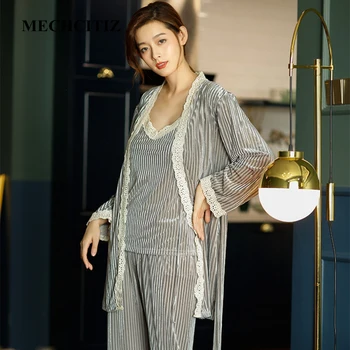 

MECHCITIZ women's pajamas sets winter sleepwear pijamas velvet coat top and pants 3 pieces bathrobe homewear suit pyjamas set