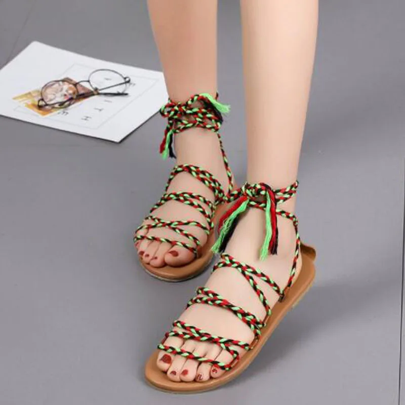 

AGUTZM women Sandal Lady Casual Sandals Shoes Plus Size 34-43 Women Bohemia Colorful Summer Gladiator Flat Ankle Strap Shoes z44