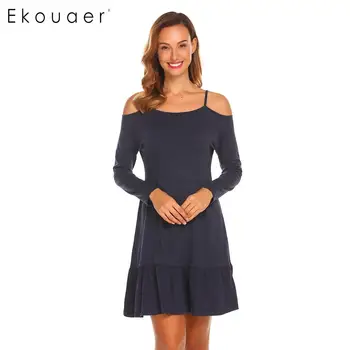

Ekouaer Women Spaghetti Strap Nightgown Sexy Sleepwear Neck Cold Shoulder Long Sleeve Ruched Patchwork Autumn Night Dress
