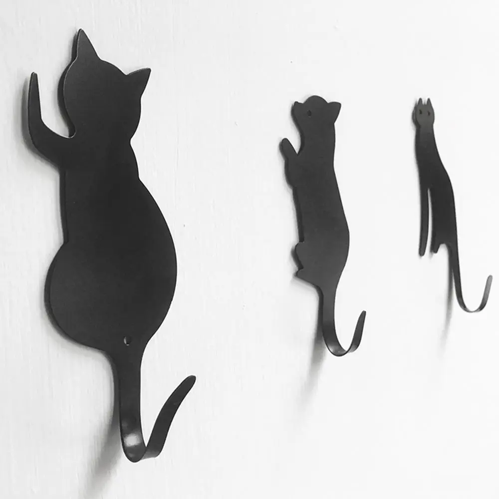 3PCS/set Modern Simple Metal Cat Wall Hooks Wood Wall Decorative Hook Hangers Accessory For Clothes Keys Sundries