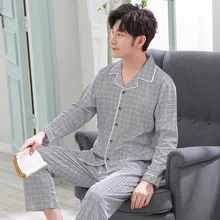 Мужские пижамы с длинными рукавами, осенние пижамы большого размера, повседневные хлопковые мужские пижамы, домашняя одежда, комплект