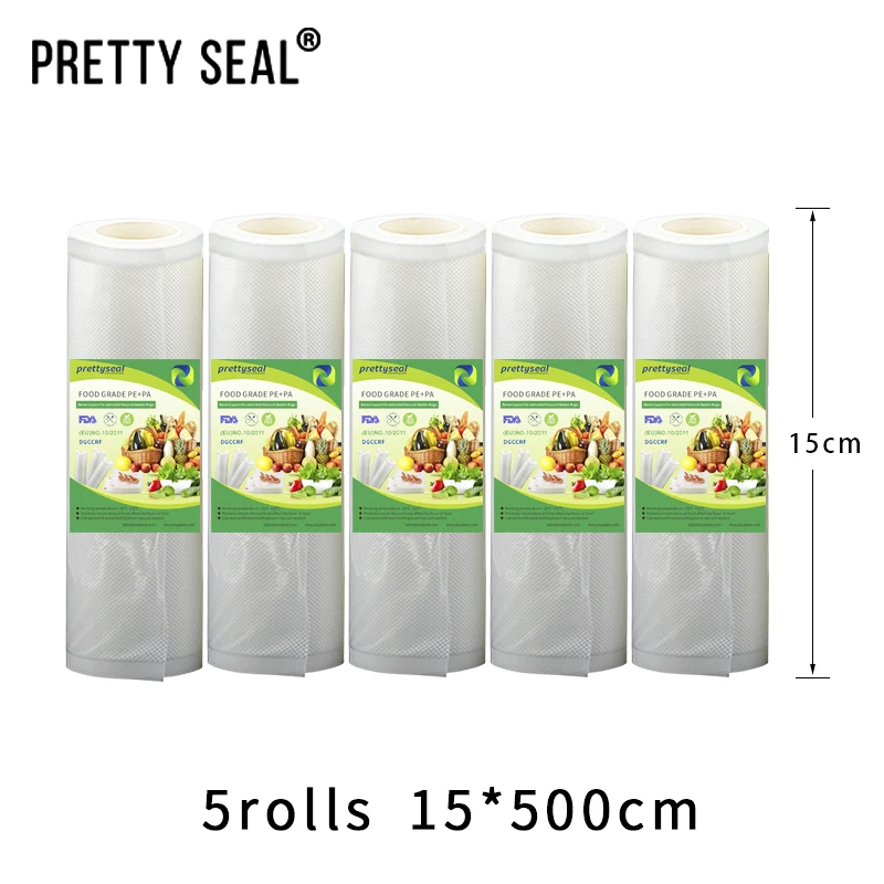 

PRETTYSEAL food Storage saver bags BPA FREE 5rolls 15cm*5m Vacuum Plastic roll custom size Bags For Kitchen Vacuum