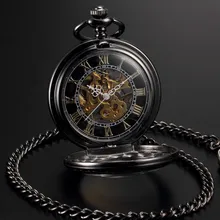 Men Women Steampunk Skeleton Mechanical Black Gold Open Face Retro Pendant Pocket Watch