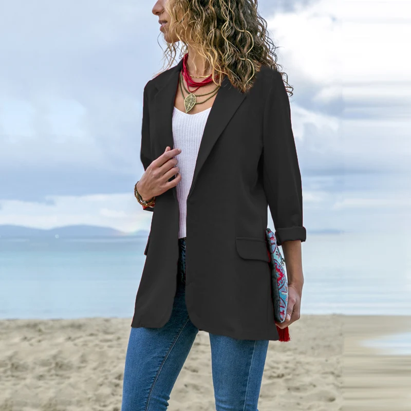 Lossky Women Blazers Autumn Spring Long Sleeve Turndown Collar Pocket Decoration Office Outfits New Casual Black Red Blazer Coat