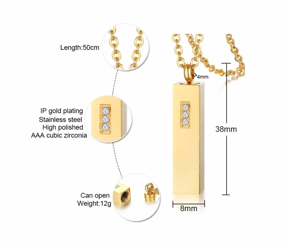 Персонализированные гравируемые пепел медальон ожерелье золотой Бар CZ нержавеющая сталь урна кулон траура кремации ювелирные изделия для мужчин
