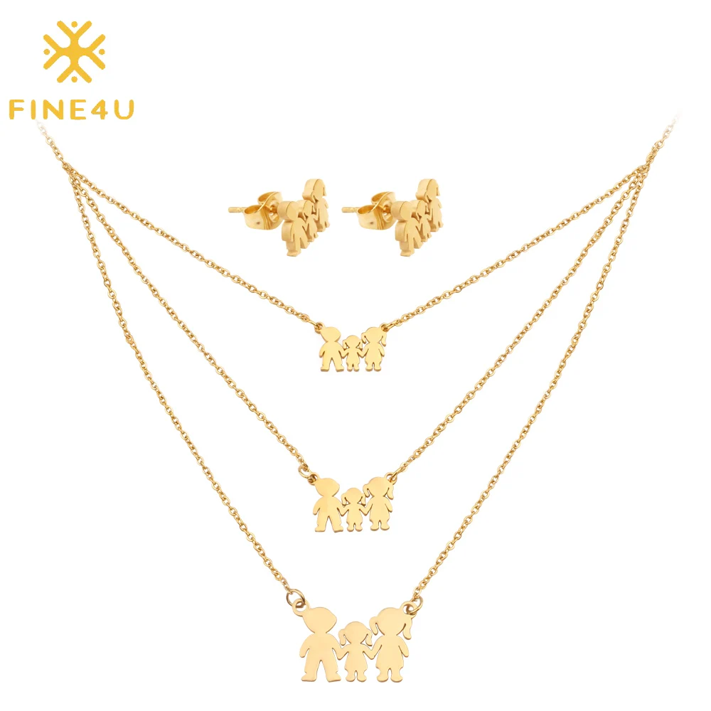 

FINE4U N158 Luxury Multi-layer Family Necklace Earrings Sets Stainless Steel Women Wedding Bridal Jewelry Set Trendy Jewelry