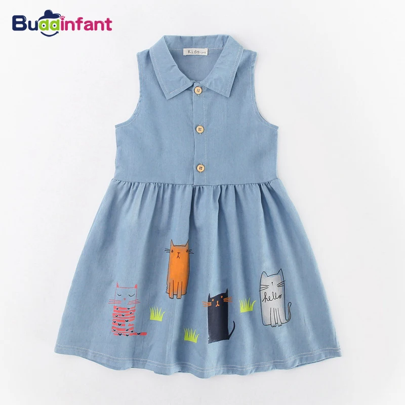 Girls Dress Preppy Style Four Cats Dresses Denim Sleeveless Turn-down Collar Design Jean Clothes for Baby Girls 2017 New Summer