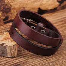 G557 темно-коричневый Байкерский рок классический двойной обёрточная бумага кожа коровья кожа Пряжка браслет