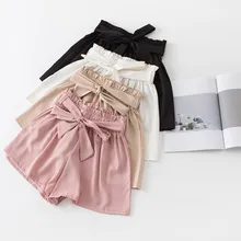 Women High Waist Tie Bow Belted Ruffle Shorts Khaki Elastic Waist Plain Bottom 2018 Female Casual Mid Waist Shorts