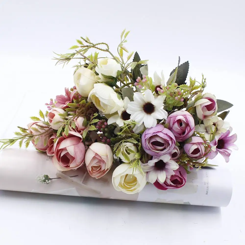 

1 Artificial Flower Bouquet Cheap Silk Flower Fall European Small Tea Bud Fake Leaf Vases for Wedding Decoration Party at Home