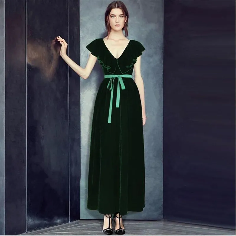 

2019 Women Spring Autumn long dress vintage Velvet butterfly coller deep V-Neck dress plus size velour clothing M - 7XL